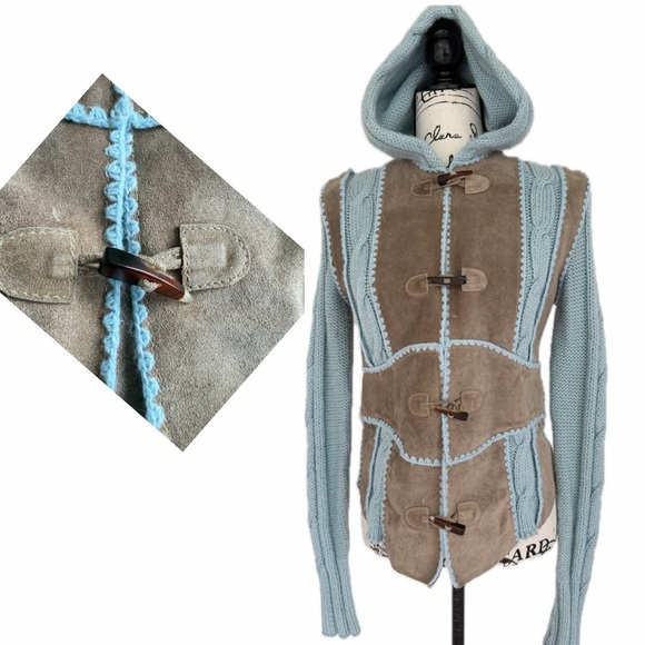 Y2k 90’s Luciano Abitboul Hooded Jacket Suede Wool Cable Knit Patch Sz M Hippie